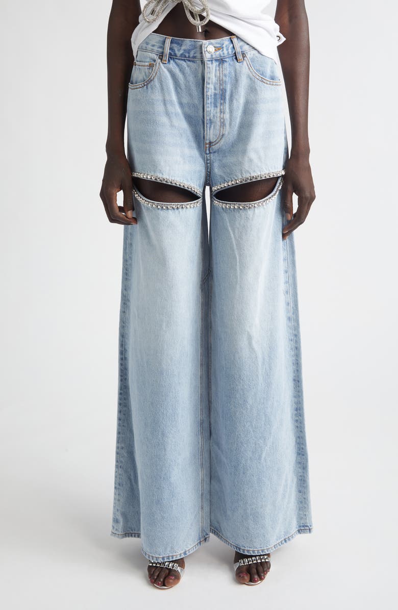 Area Crystal Slit Cotton Denim Wide Legs Jeans, Main, color, Light Blue