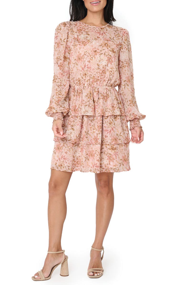 GIBSONLOOK Floral Print Sparkle Long Sleeve Chiffon Dress, Main, color, Dusty Pink Gold