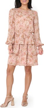GIBSONLOOK Floral Print Sparkle Long Sleeve Chiffon Dress