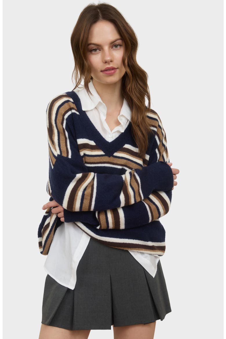 Pullover V-Neck Sweater, Alternate, color, NAVY MULTI