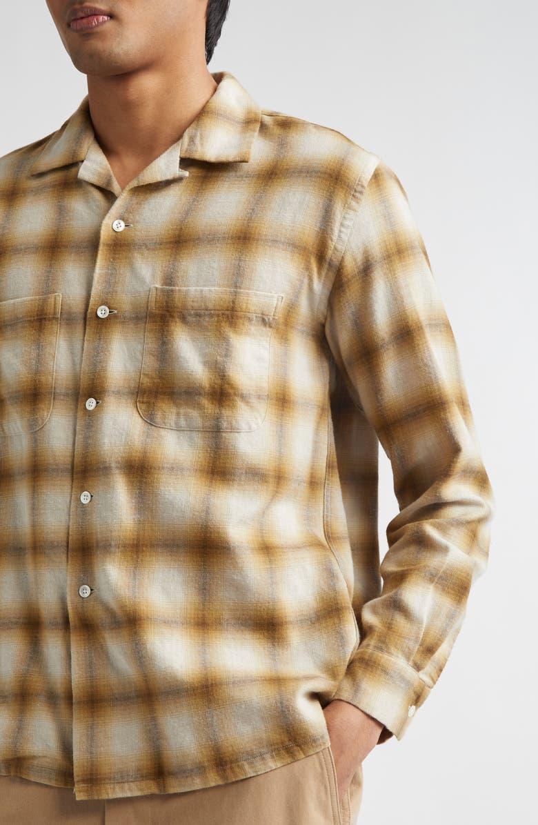 BEAMS Open Collar Ombré Check Brushed Flannel Button-Up Shirt, Alternate, color, Brown