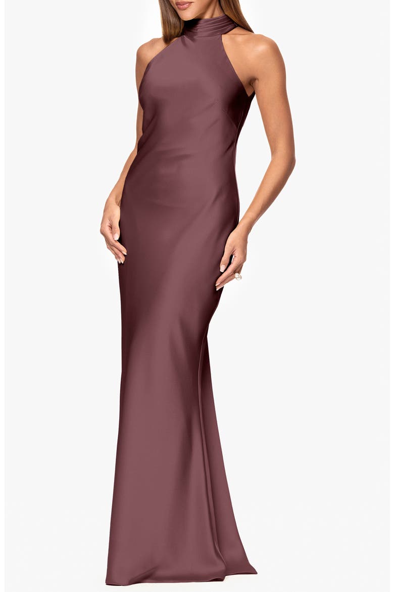 Halter Neck Satin Sheath Gown, Alternate, color, CHOCOLATE