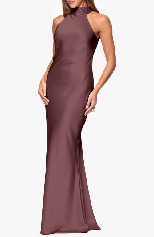 Xscape Evenings Halter Neck Satin Sheath Gown In Brown
