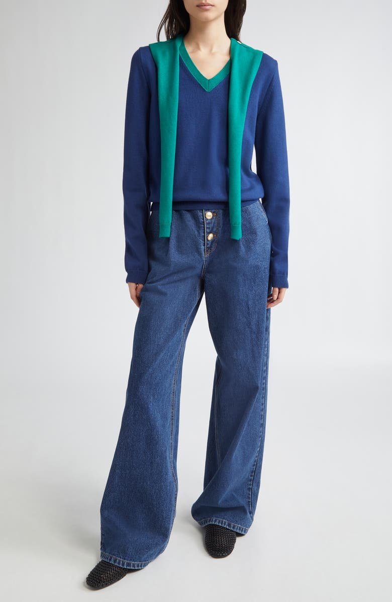 EENK Muffler Layered Wool & Cotton Sweater, Alternate, color, Navy