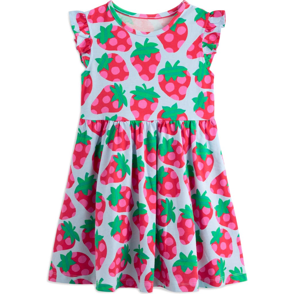 Mini Boden Kids' Strawberry Print Cotton Jersey Dress In Misty Blue Spotty Strawberry