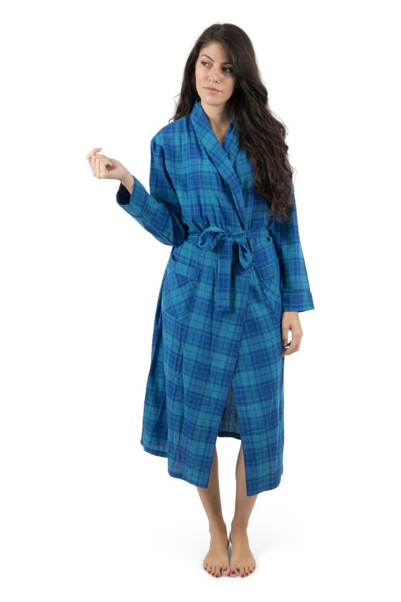 Women's Flannel Robe, 100% Cotton, Alternate, color, Plaid Blue & Navy
