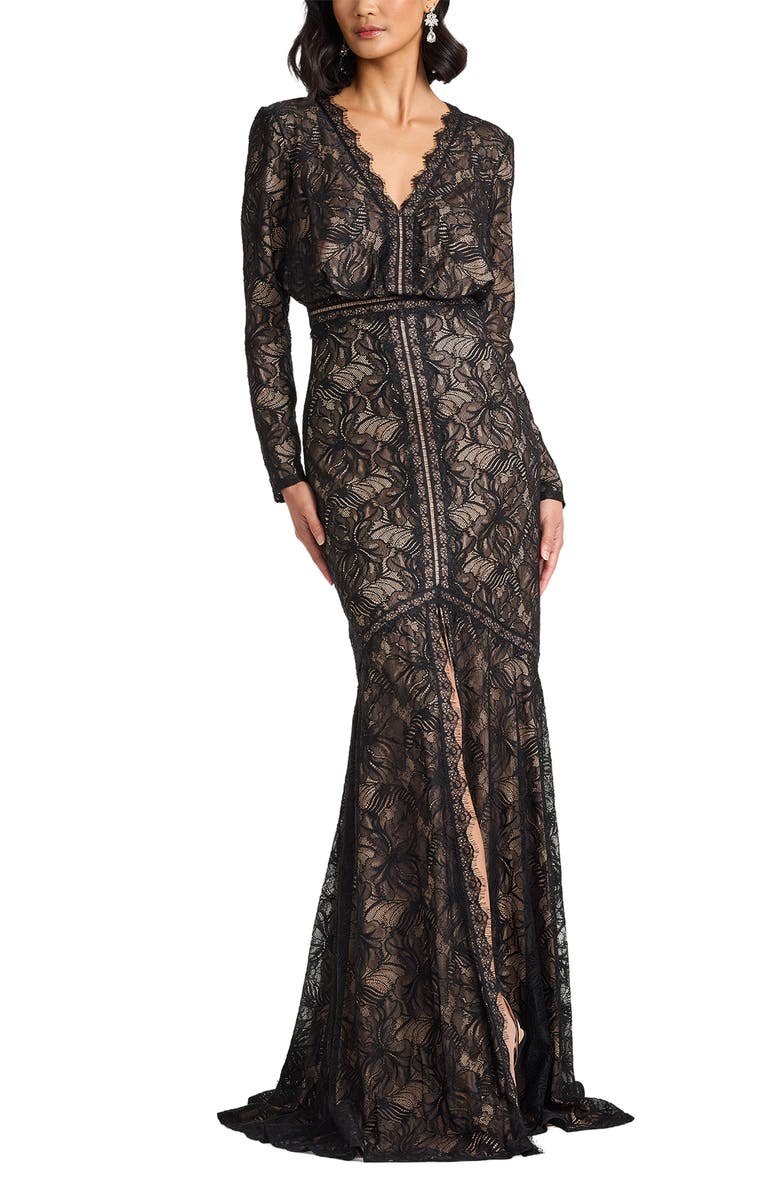 Tadashi Shoji Long Sleeve Eyelash Lace Mermaid Gown, Main, color, Black/ Beige
