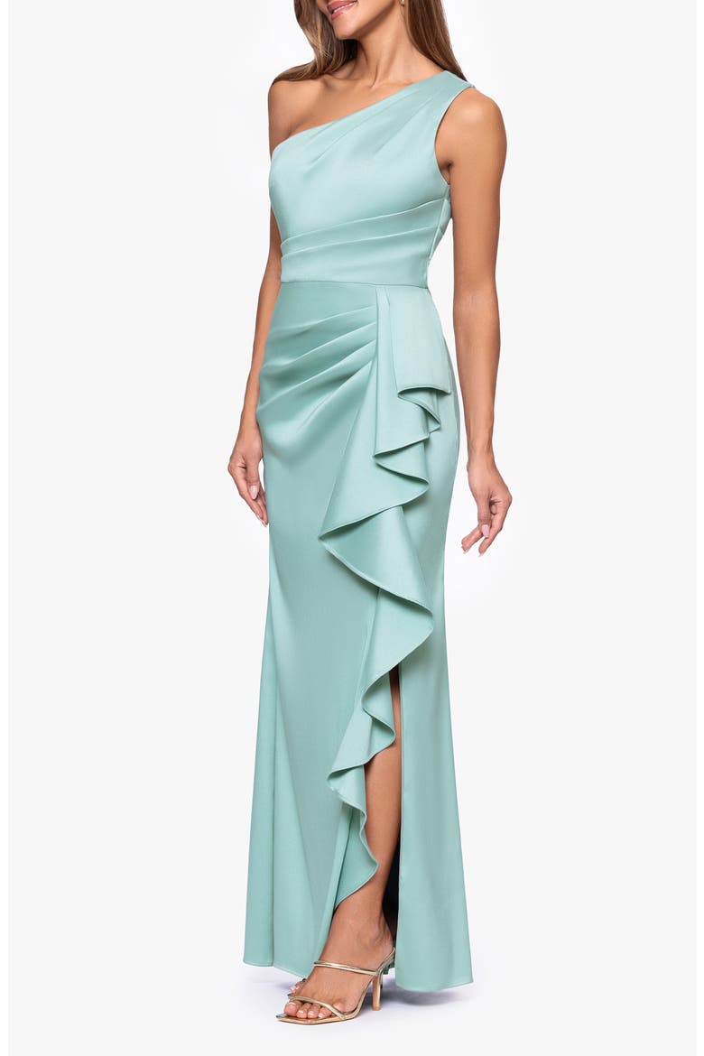 Ruffle Detail One-Shoulder Mikado Sheath Gown, Alternate, color, SAGE