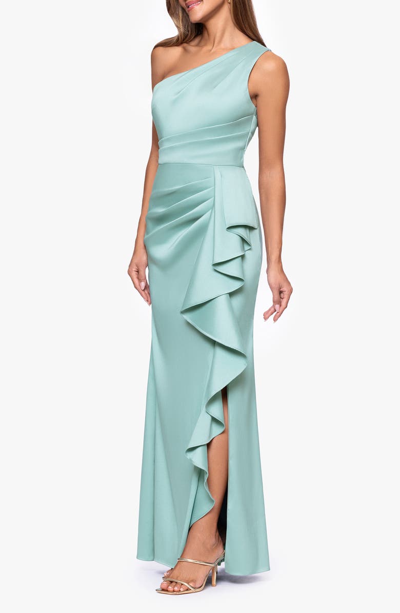 Xscape Evenings Ruffle Detail One-Shoulder Mikado Sheath Gown, Alternate, color,