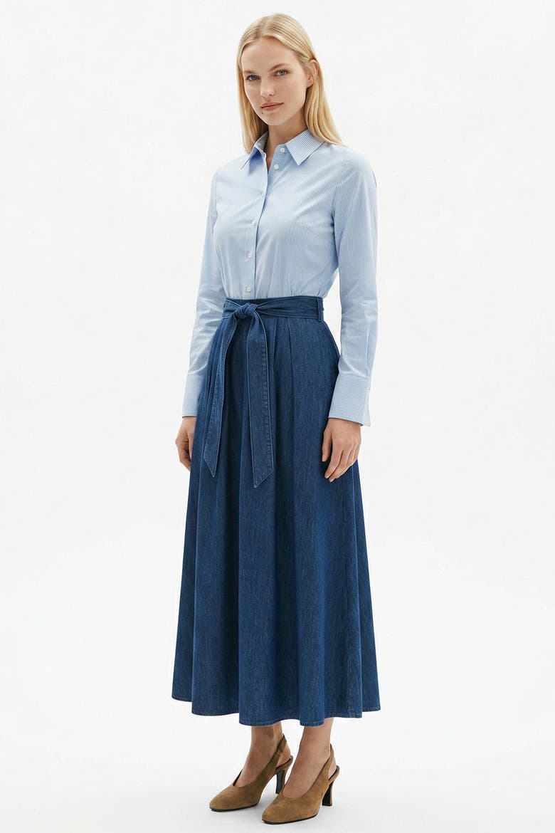 Cherrelle Long Sleeve Belted Denim Midi Dress, Alternate, color, Blue