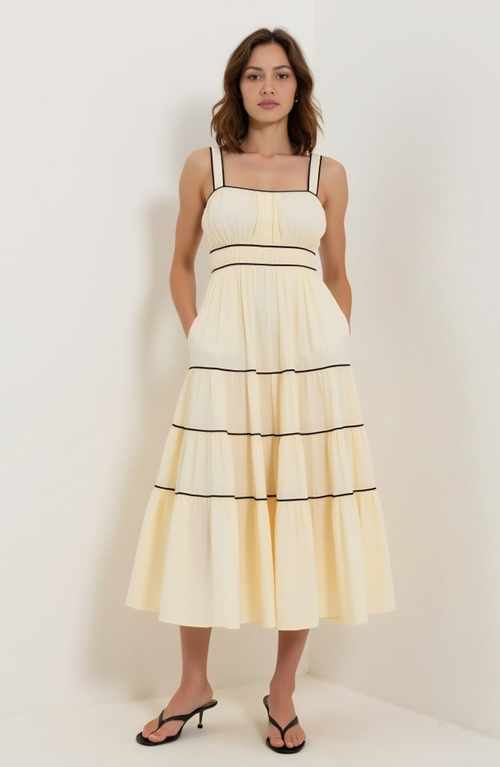 Modenaire Strappy Tiered Maxi Dress With Contrasting Trim And Flowing Silhouette In Yellow