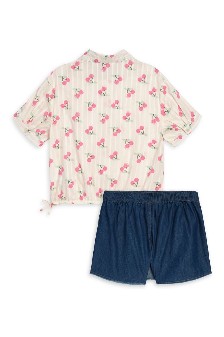Kids' Cherry Stripe Short Sleeve Button-Up Shirt & Denim Skirt Set, Alternate, color, EGGNOG