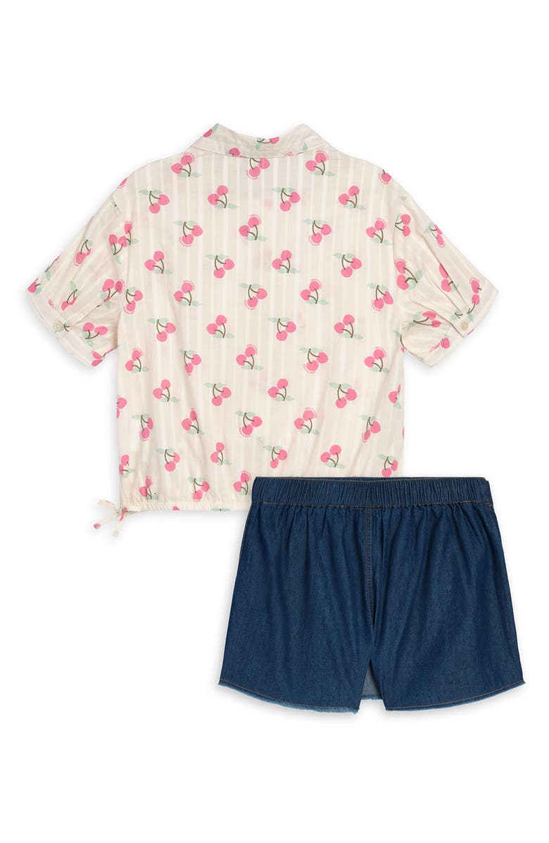Scotch & Soda Kids' Cherry Stripe Short Sleeve Button-Up Shirt & Denim Skirt Set, Alternate, color, Eggnog