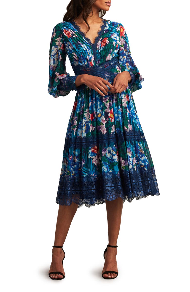 Tadashi Shoji Floral Print Lace Pleat Long Sleeve Midi Dress