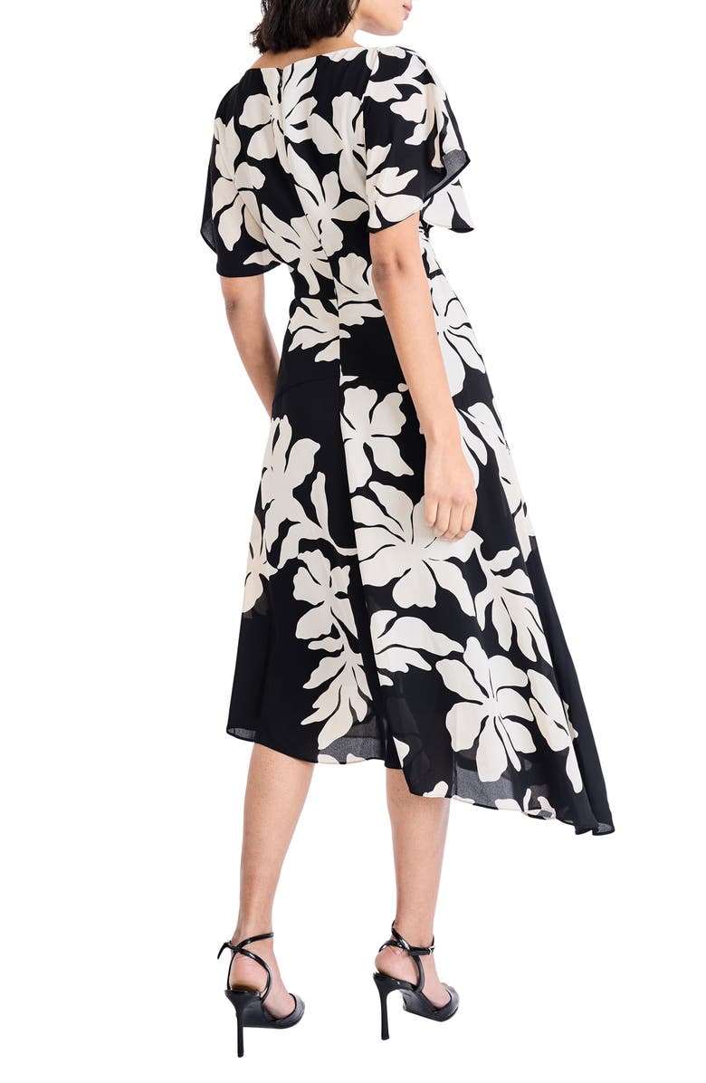 Maggy London Floral Asymmetric Midi Dress, Alternate, color, Black/ Cream