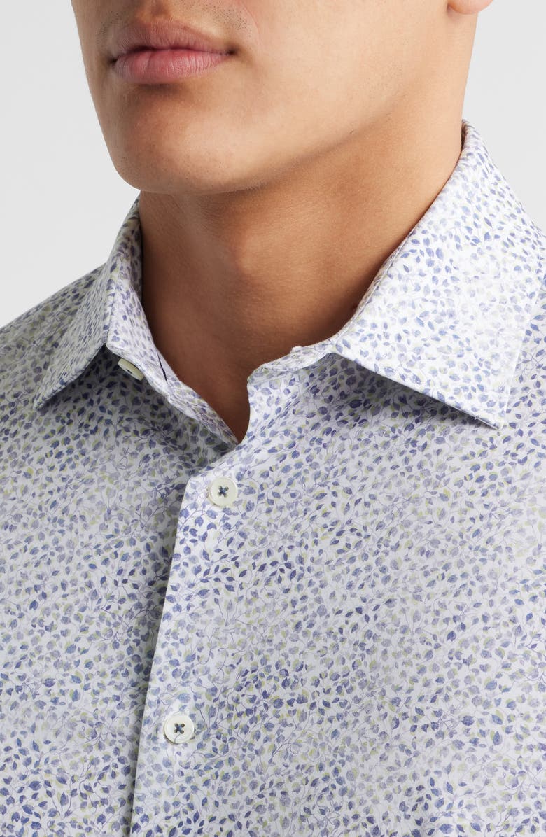 Bugatchi Miles OoohCotton<sup>®</sup> Leaf Print Short Sleeve Button-Up Shirt, Alternate, color, Peacock