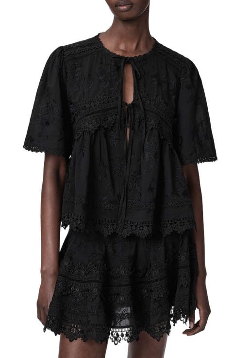 Lillith Floral Embroidered Lace Trim Tie Front Top