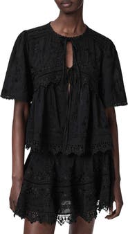AllSaints Lillith Floral Embroidered Lace Trim Tie Front Top