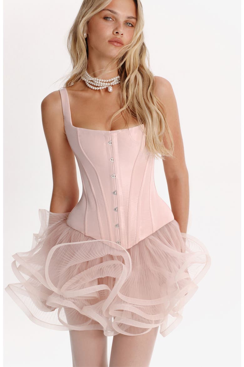 Structured Low Waist Taffeta Corset in Pink for Cocktail Events, Alternate, color, Pink