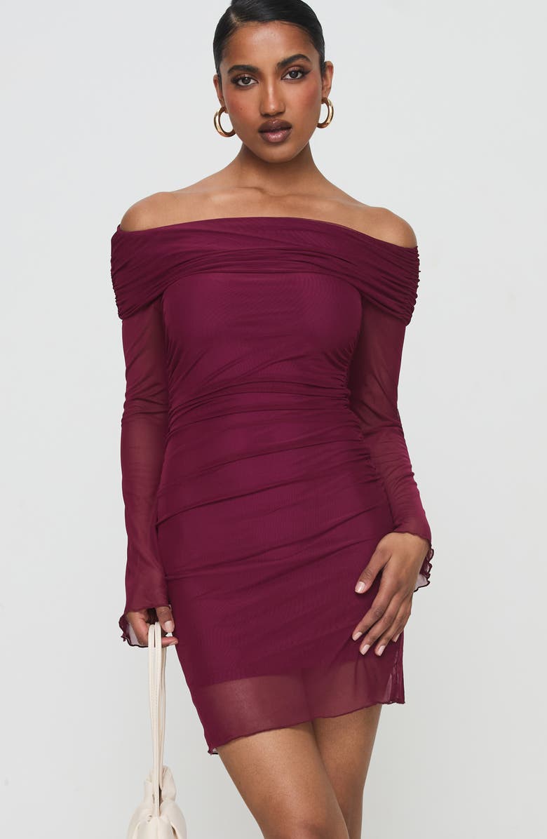 Princess Polly Consideration Off the Shoulder Long Sleeve Mesh Minidress, Alternate, color, Burgundy