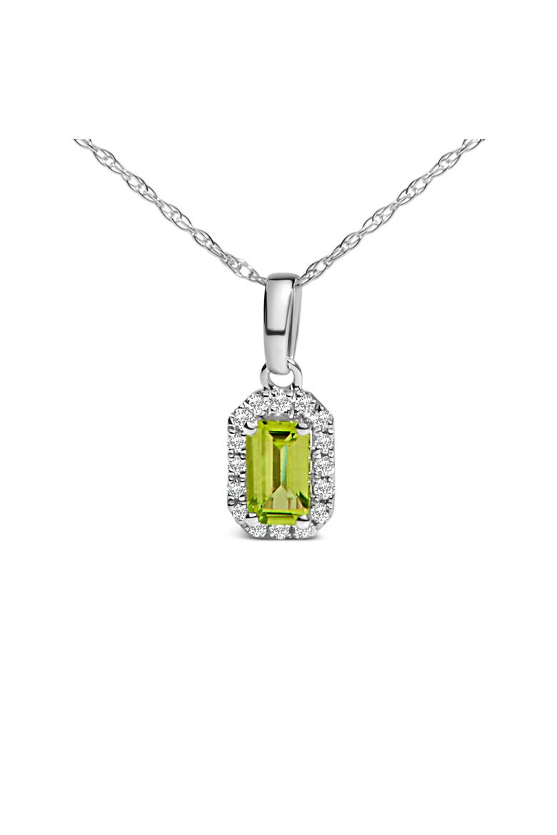 10K White Gold 5x3mm Birthstone and Diamond Accent Halo Octagonal Shape Pendant Necklace, Alternate, color, Green Peridot | White