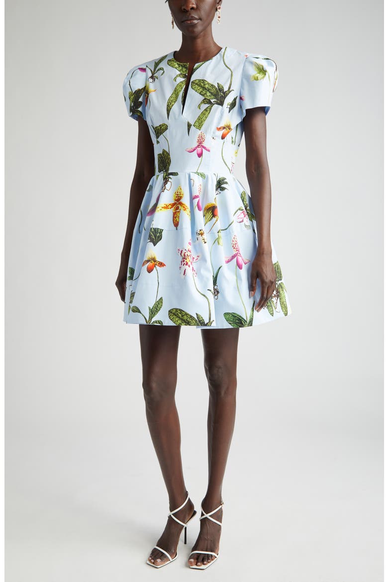 Orchid Print Puff Short Sleeve Dress, Main, color, LIGHT BLUE MULTI
