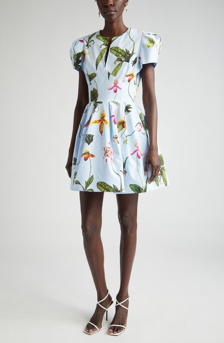 Oscar de la Renta Orchid Print Puff Short Sleeve Dress, Main, color,