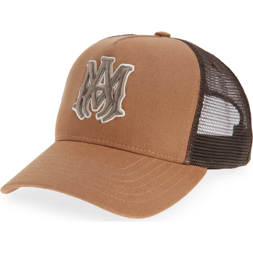 Amiri Ma Outline Embroidered Canvas Trucker Hat In Brown