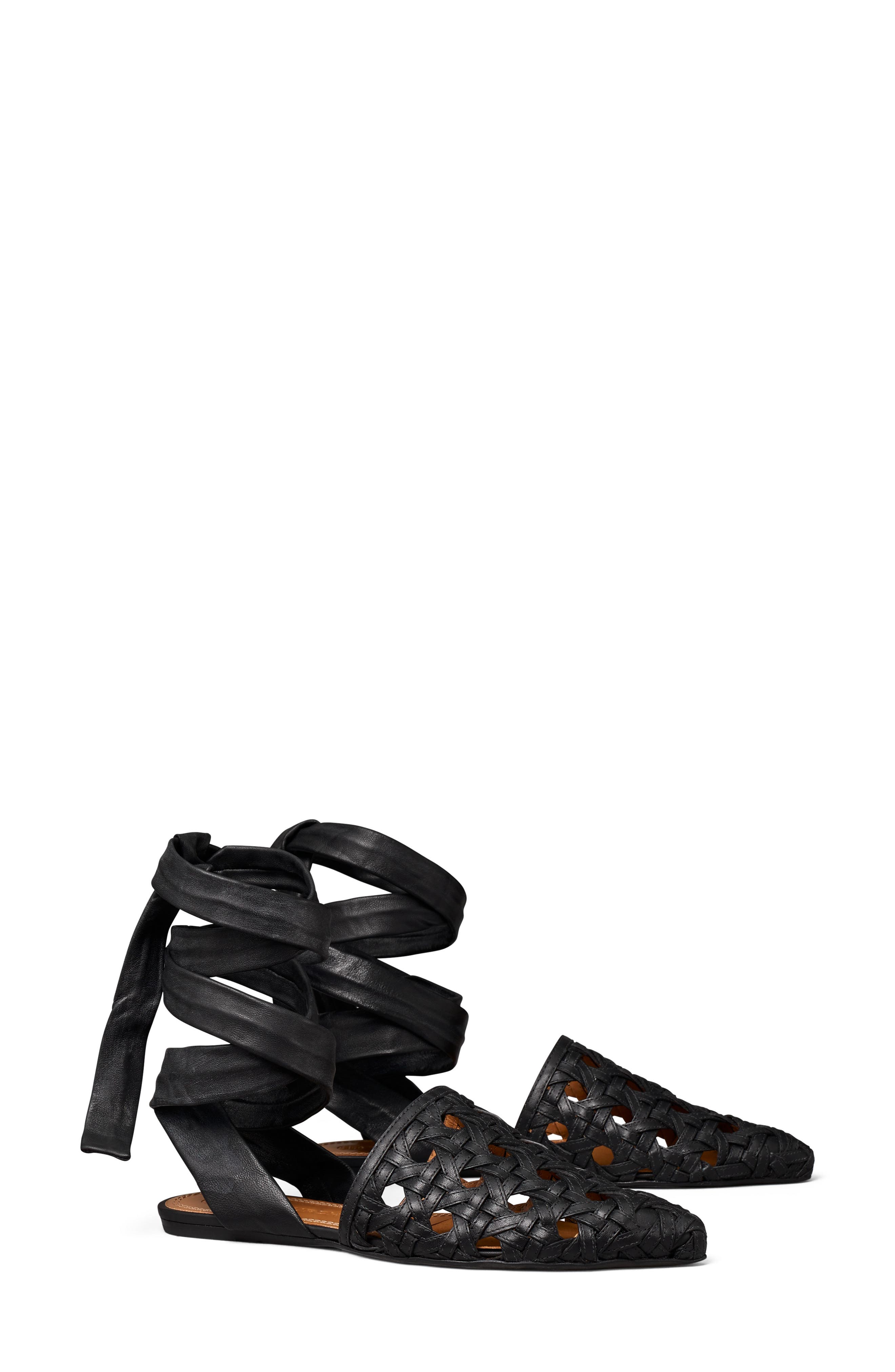 Tory Burch Basketweave Ankle Tie Pointed Toe Flat, Main, color, 