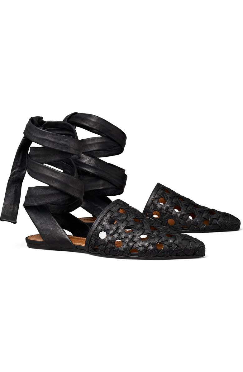 Tory Burch Basketweave Ankle Tie Pointed Toe Flat, Main, color,