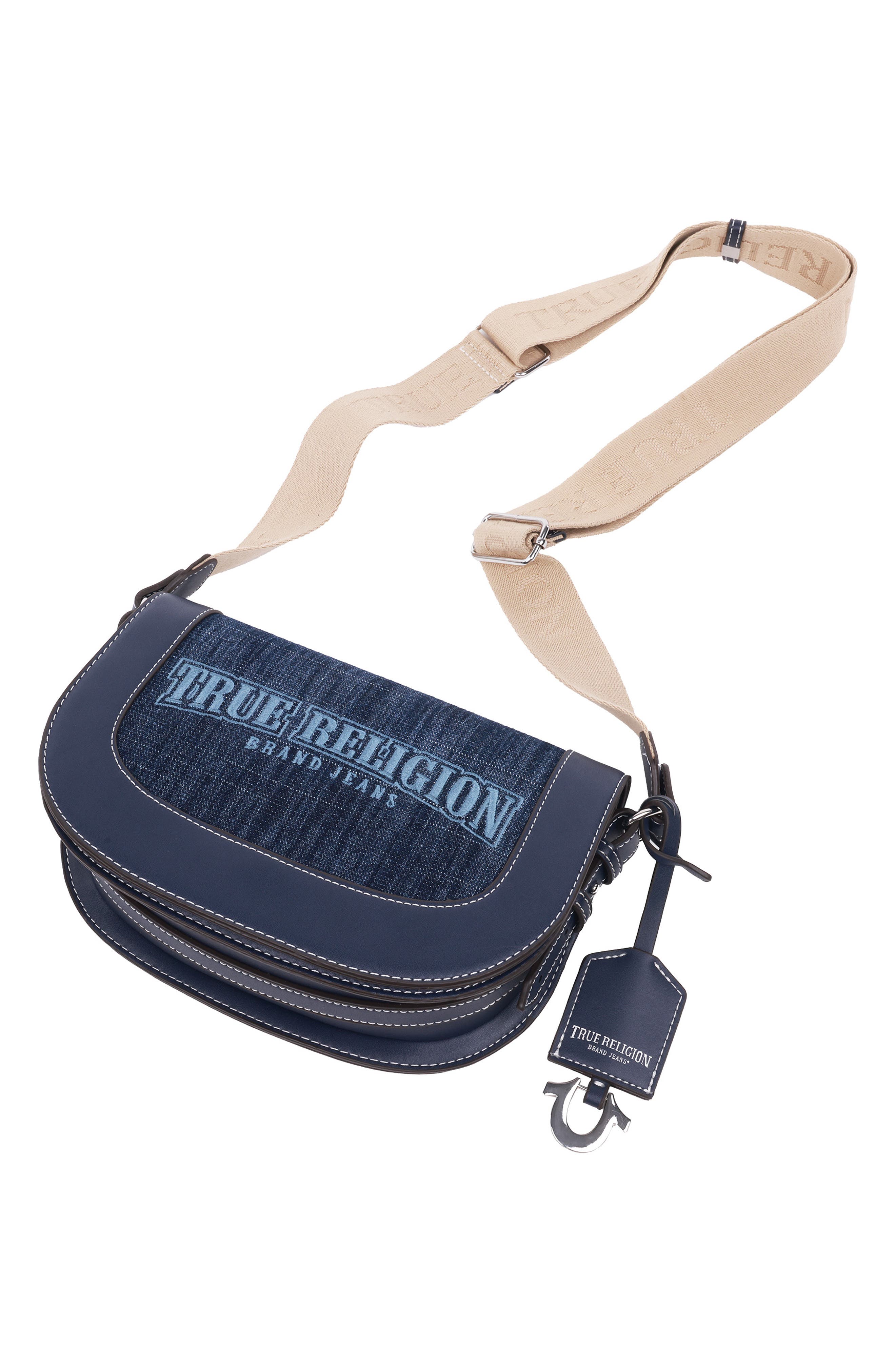 True Religion Logo Saddle Crossbody Bag, Alternate, color, Dark Denim