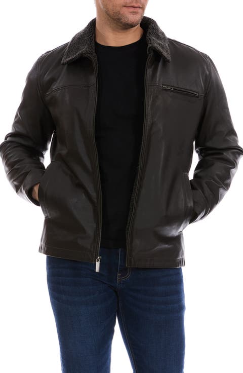 Faux Shearling Collared Leather Jacket