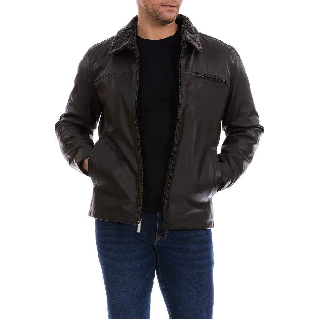 Perry Ellis Faux Shearling Collared Leather Jacket In Brown