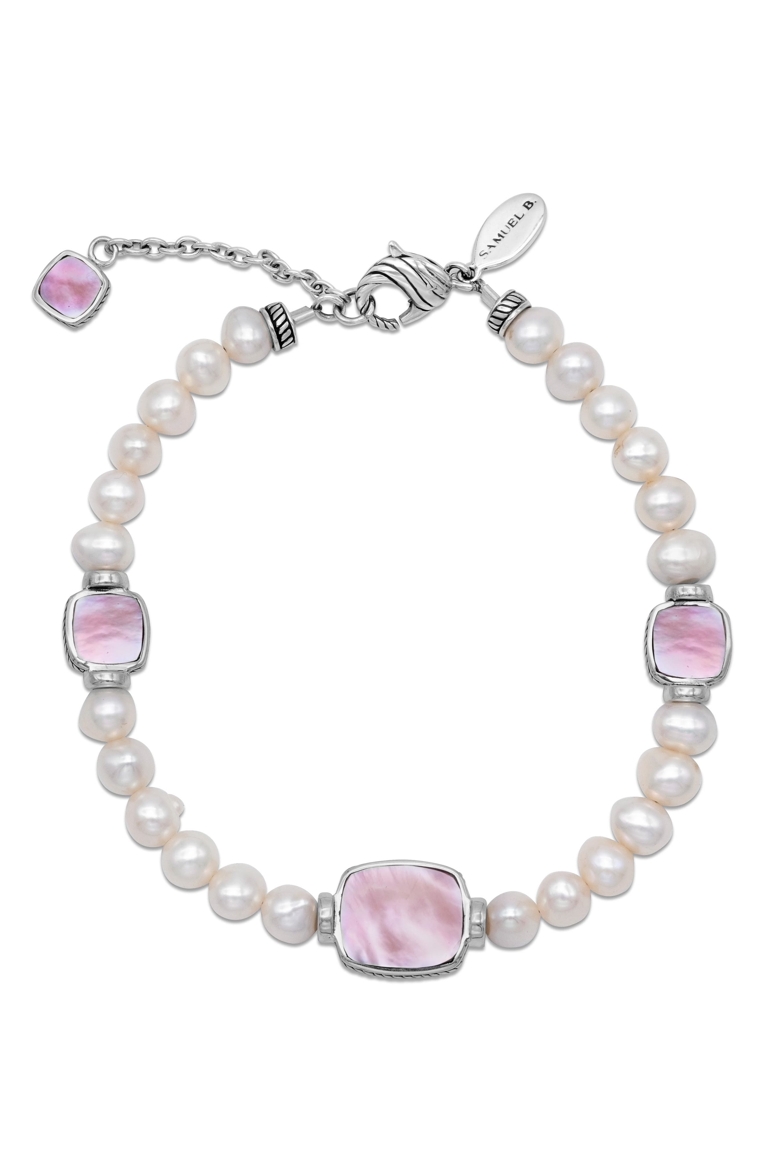 SAMUEL B. Sterling Silver 7–8mm Pearl & Pink Mother-of-Pearl Station Bracelet