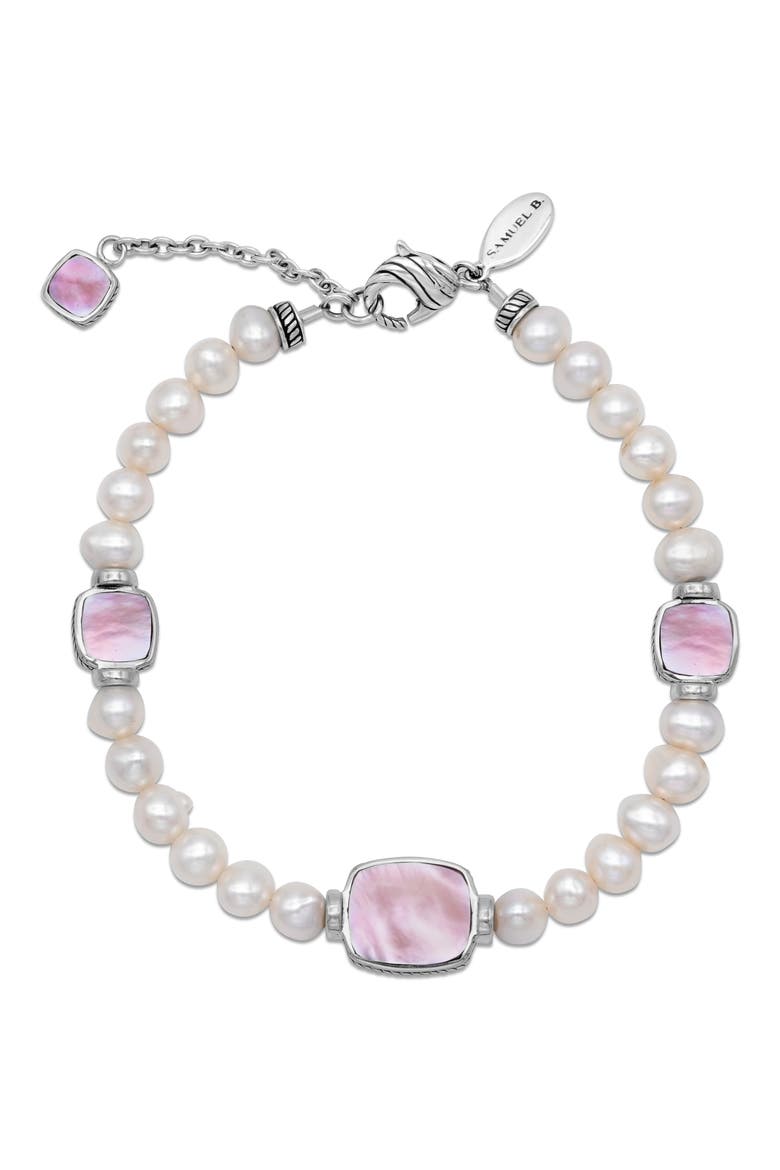 Sterling Silver 7–8mm Pearl & Pink Mother-of-Pearl Station Bracelet, Main, color, PINK/ WHITE