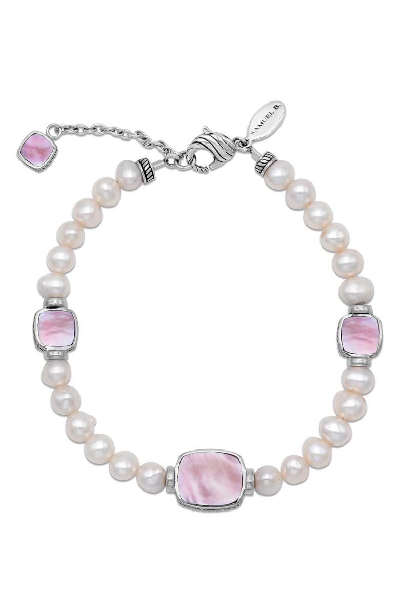 SAMUEL B. Sterling Silver 7–8mm Pearl & Pink Mother-of-Pearl Station Bracelet, Main, color, Pink/ White
