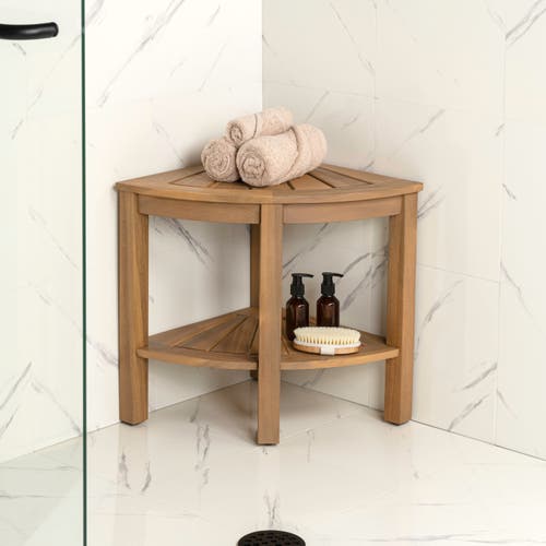 Jonathan Y Maris 18" Classic Coastal Solid Acacia Wood Indoor/outdoor Corner Shower Bench With Shelf