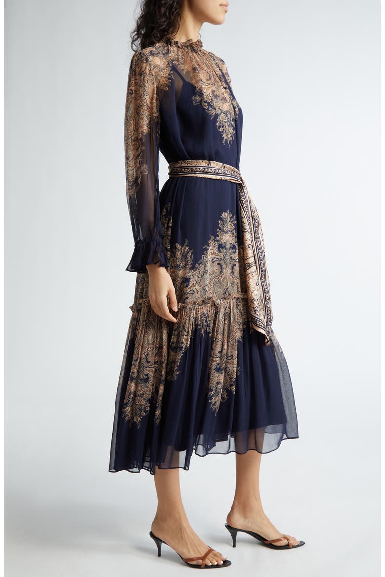 Natura Floral Paisley Belted Long Sleeve Midi Dress, Alternate, color, NAVY PAISLEY