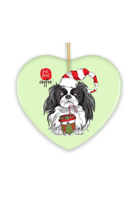 Japanese Chin But First Coffee Heart Ornament