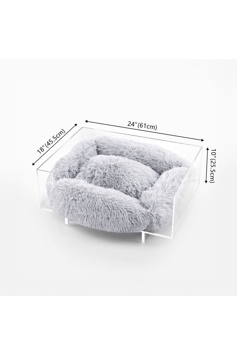 Carole 24" x 18" Small/Medium Modern Lucite Calming Fluffy Pet Bed with Washable Cushion, Alternate, color, Light Gray/Clear