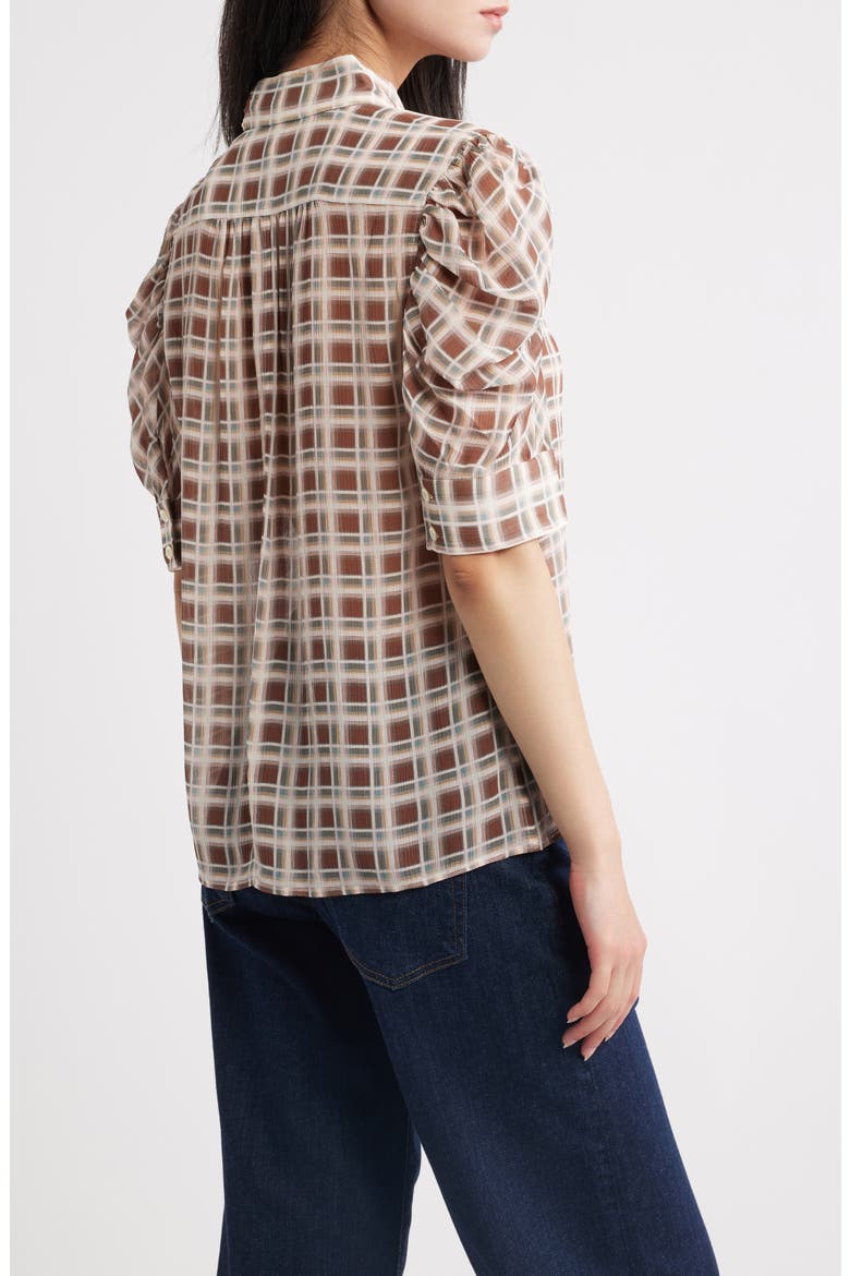The Gillian Plaid Puff Sleeve Silk Button-Up Shirt, Alternate, color, SILVER PEONY PLAID