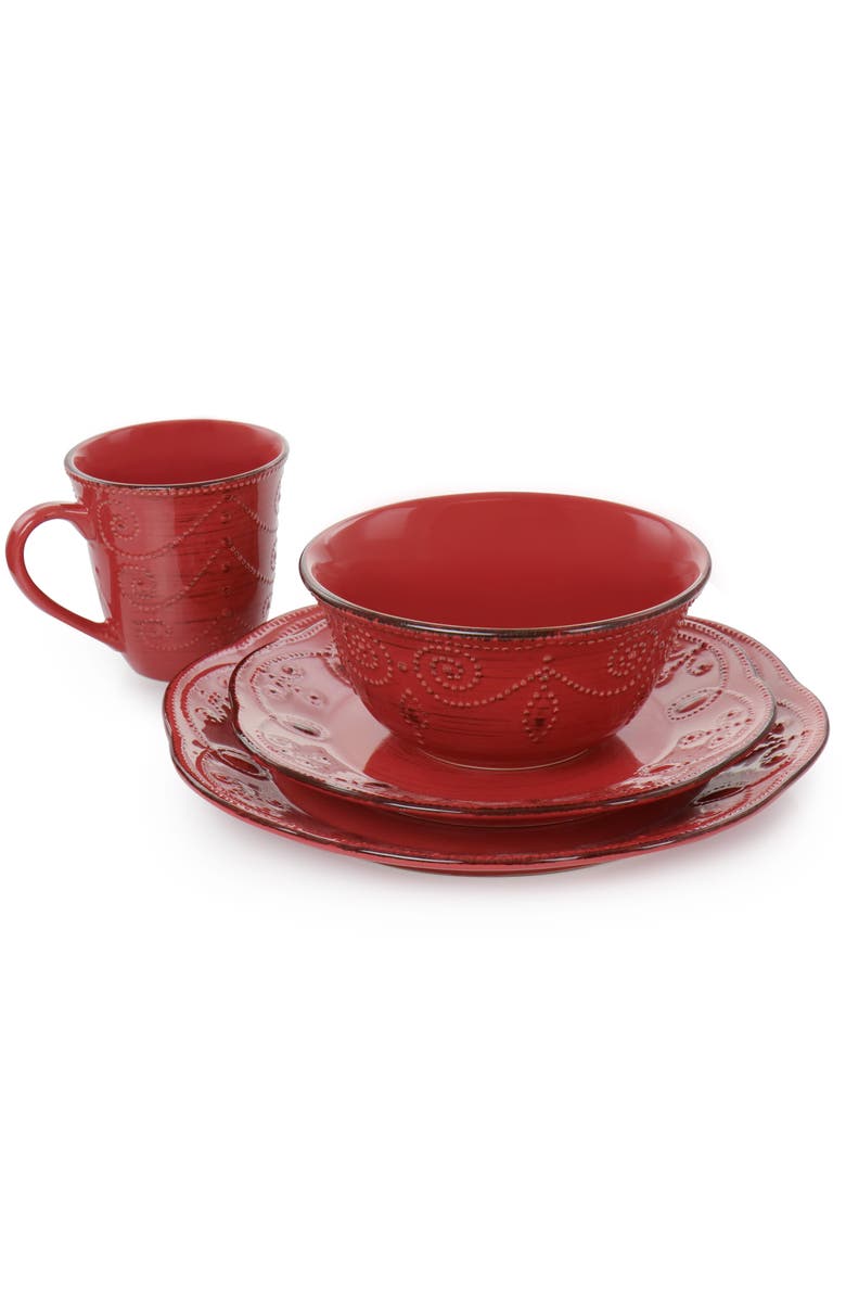 Elama Rustic Birch 16 Piece Stoneware Dinnerware Set, Alternate, color, Red