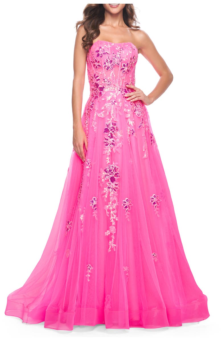 La Femme Strapless Tulle A-Line Dress with Sequin Floral Applique, Main, color, Neon Pink