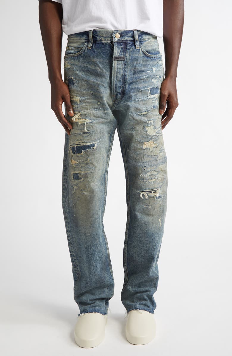 Fear of God Distressed Straight Leg Jeans, Main, color, Reparied Vintage Indigo