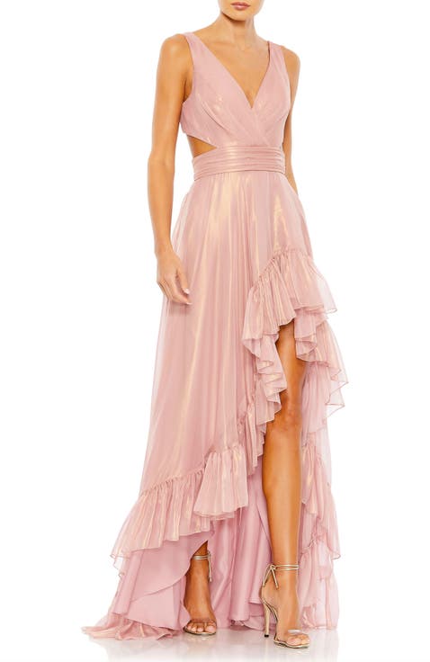 Side and Back Cut Out High Low Ruffle Gown