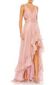 Mac Duggal Side and Back Cut Out High Low Ruffle Gown