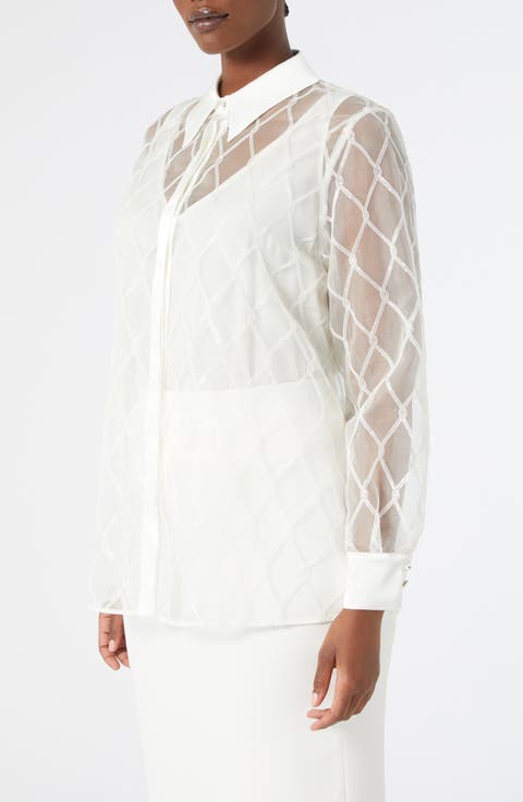 Bacca Embellished Silk Organza Button-Up Shirt (Plus)