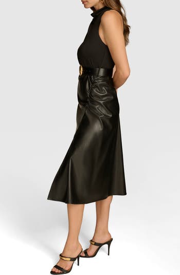 【Donna Karan New York】Mixed-Media Midi Dress Donna Karan New York Women's Mixed-Media Belted Midi Dress