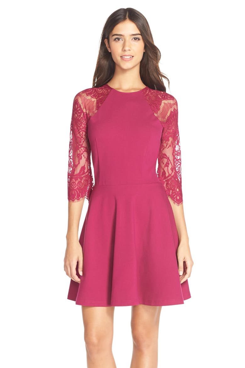 BB Dakota 'Yale' Lace Panel Fit & Flare Dress, Main, color, BERRY