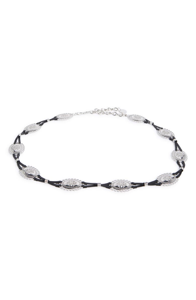 BCBG Leather Strand Western Concho Belt, Main, color, Black Silver